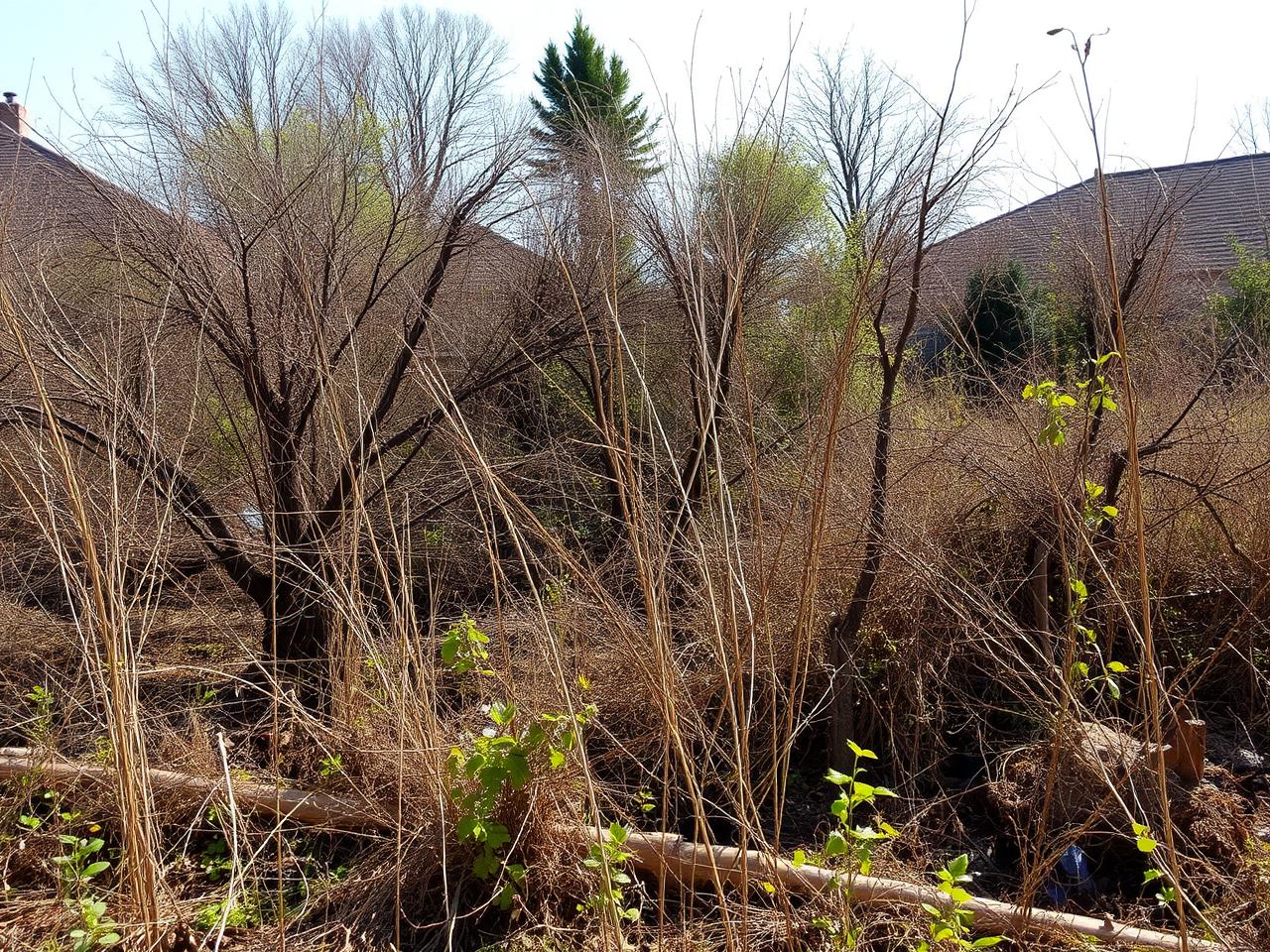Residential lot choked with dry brush and overgrowth before clearing