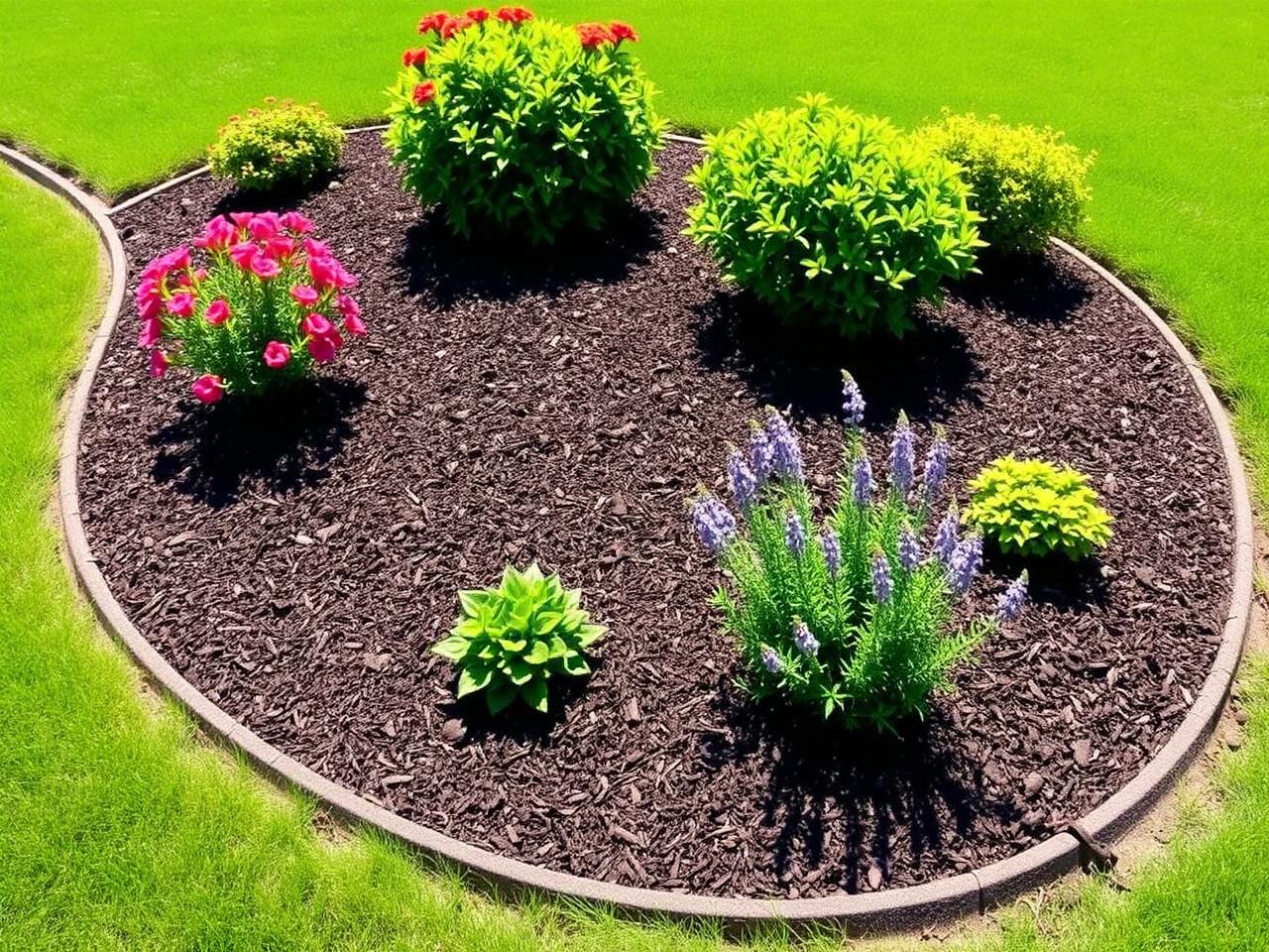 Freshly installed dark bark mulch bed with flowering shrubs beside a green lawn