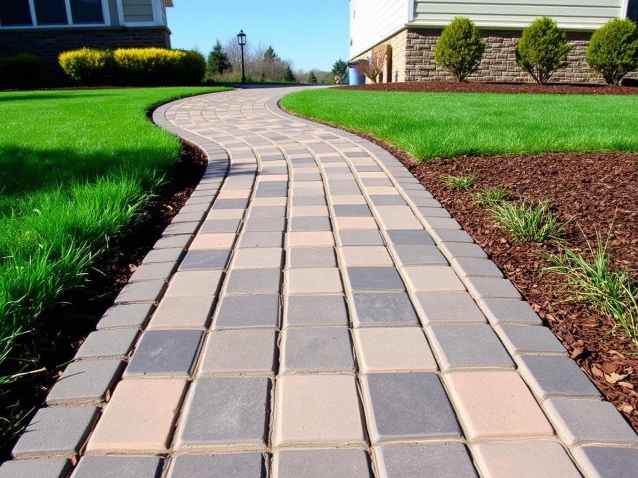 New paver walkway curving toward a home entry with green lawn on both sides